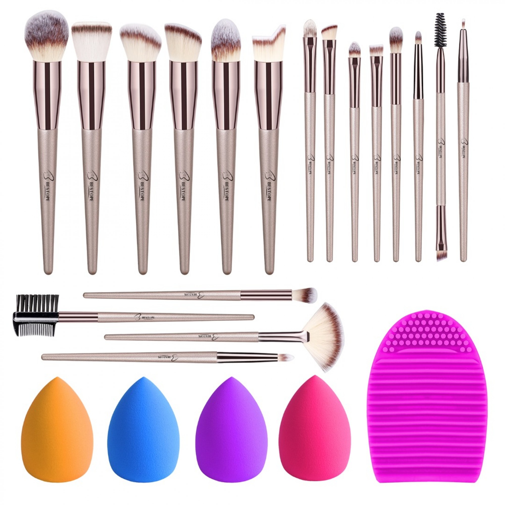 27Full Face Makeup Kits, 20 Travel Makeup Brushes Sets, 2 Sponge Beauty  Blender, 2 Quality Silicon Face Masks Brushes Stylish Rose Gold Silver, 1  Brush Cleaner, 1 Multi Purpose Makeup Brushes n