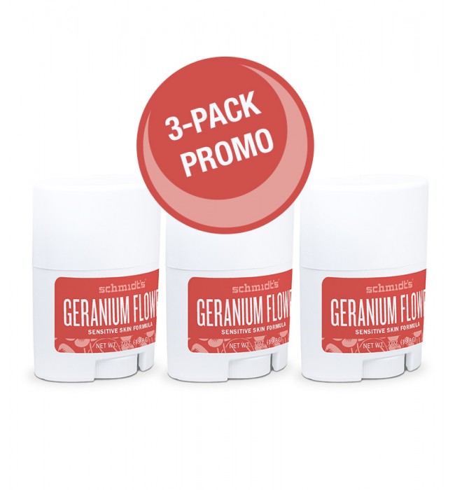 3 PACK Schmidt's Naturals Deodorant Geranium Flower, Sensitive Skin, Travel Size