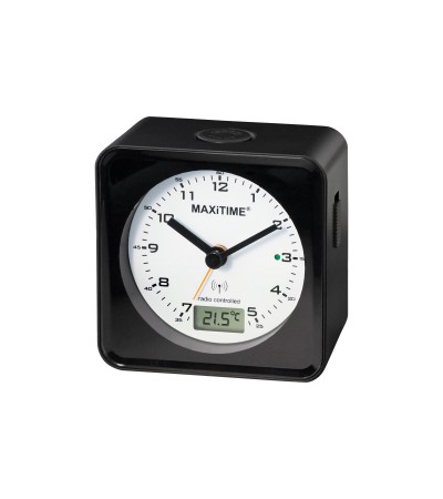 Maxitime radio controlled alarm clock with snooze, light, digital second, date, temperature, black housing