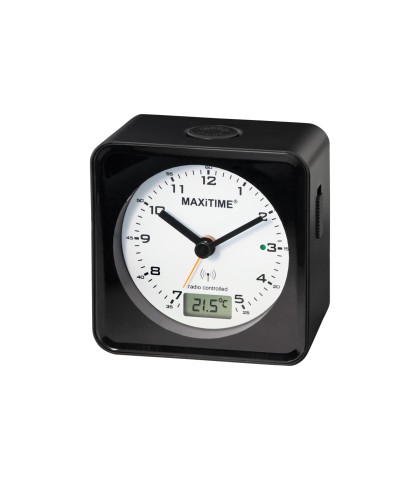 Maxitime radio controlled alarm clock with snooze, light, digital second, date, temperature, black housing