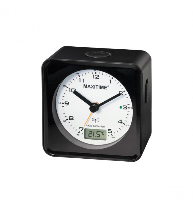 Maxitime radio controlled alarm clock with snooze, light, digital second, date, temperature, black housing