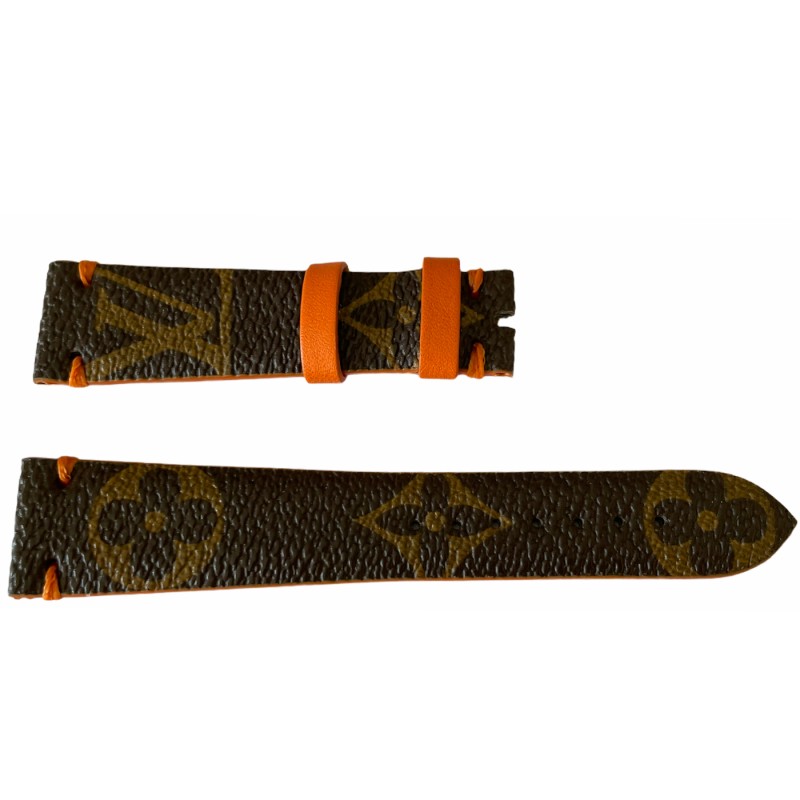 Кожена каишка за часовник Louis Vuitton с монограм, кафява и оранжева, 18 мм Кожена каишка за часовник Louis Vuitton с монограм, кафява и оранжева, 18 мм
