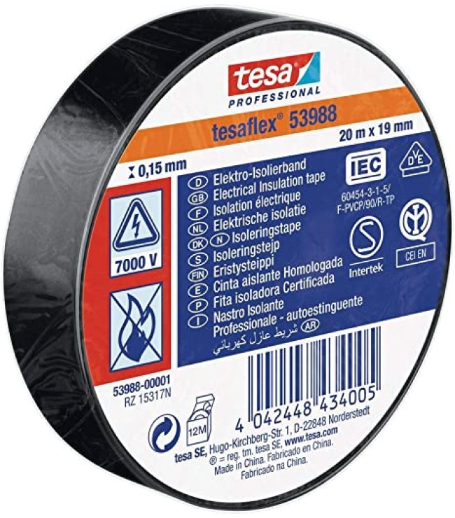 Теса Професионален изолационен лента Tesaflex, Черен, 20 м x 19 мм