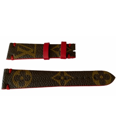 Кожена каишка за часовник Louis Vuitton с монограм, кафява и червена, 20 мм