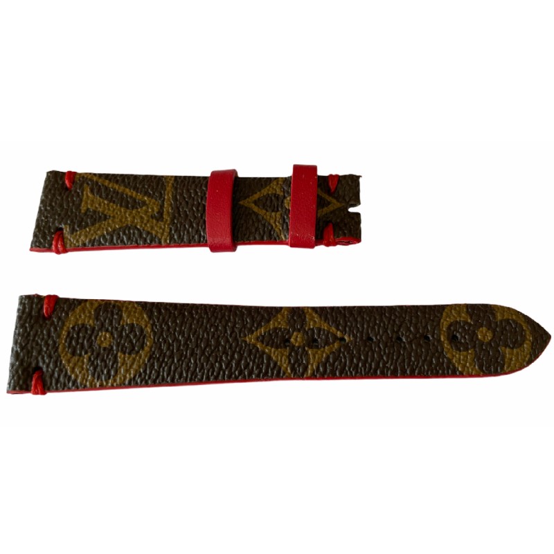 Кожена каишка за часовник Louis Vuitton с монограм, кафява и червена, 20 мм Кожена каишка за часовник Louis Vuitton с монограм, кафява и червена, 20 мм