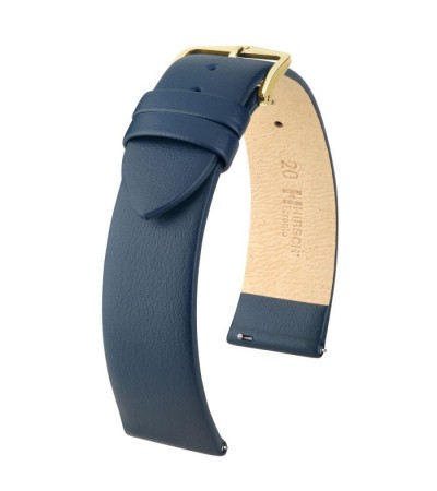Hirsch Toronto L blue calf leather watch strap, 20 mm, Blue Color Strap, Gold Buckle, Size 20mm- L,  Ref. 03702080-1-20