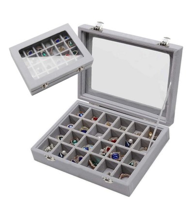 Gugita Grey Velvet Jewellery Box Organiser with Glass Lid
