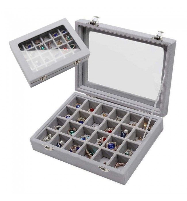 Gugita Grey Velvet Jewellery Box Organiser with Glass Lid