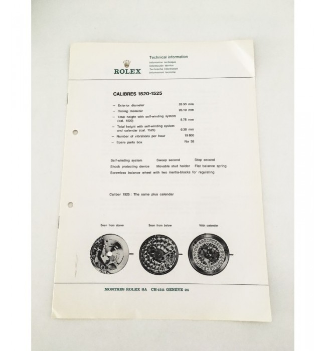 Genuine Rolex Watch 1520 and 1525 Technical Information Service Catalog 1973