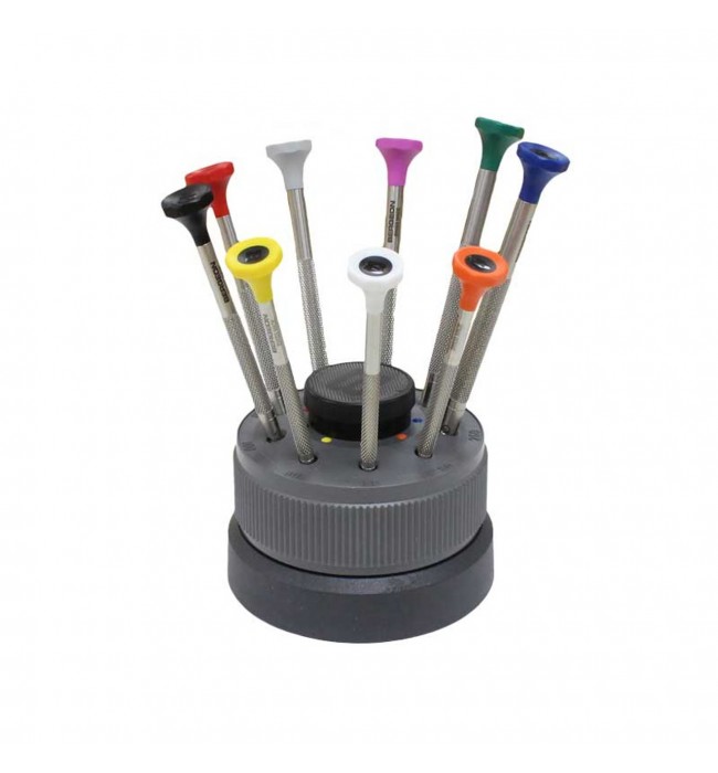 Bergeon 30081-S09 watchmakers screwdriver set on rotating stand stainless steel