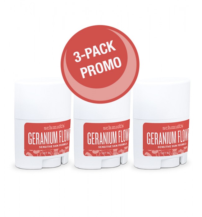 3 PACK Schmidt's Naturals Deodorant Stick Geranium Flower, Sensitive Skin, Travel Size