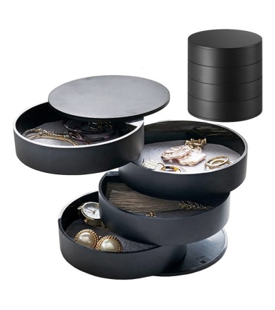 Gugita Round Black Jewellery Box Organiser with Pull-Out Compartments