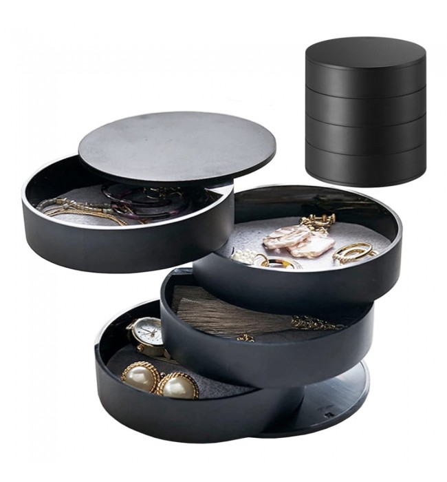 Gugita Round Black Jewellery Box Organiser with Pull-Out Compartments