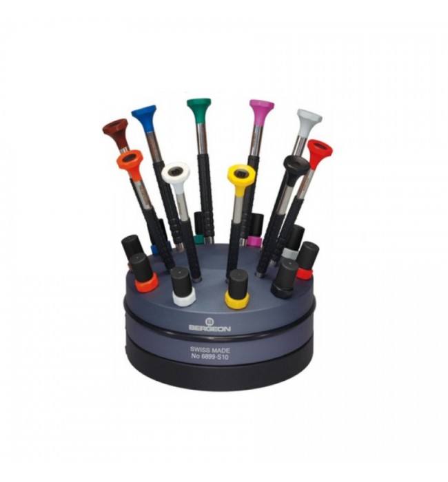 Bergeon 6899-S10 set of 10 ergonomic screwdrivers with spare blades on a rotating base