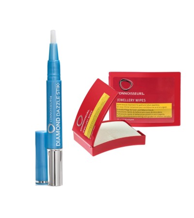 Комплект за почистване на бижута Connoisseurs с влажни кърпички и Diamond Dazzle Stik