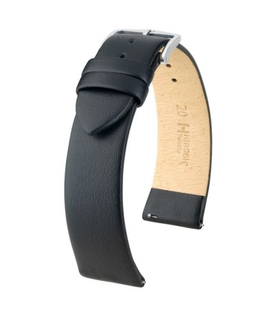 Hirsch Toronto L black calf leather watch strap 18 mm, Silver buckle, Ref. 03702050-2-18
