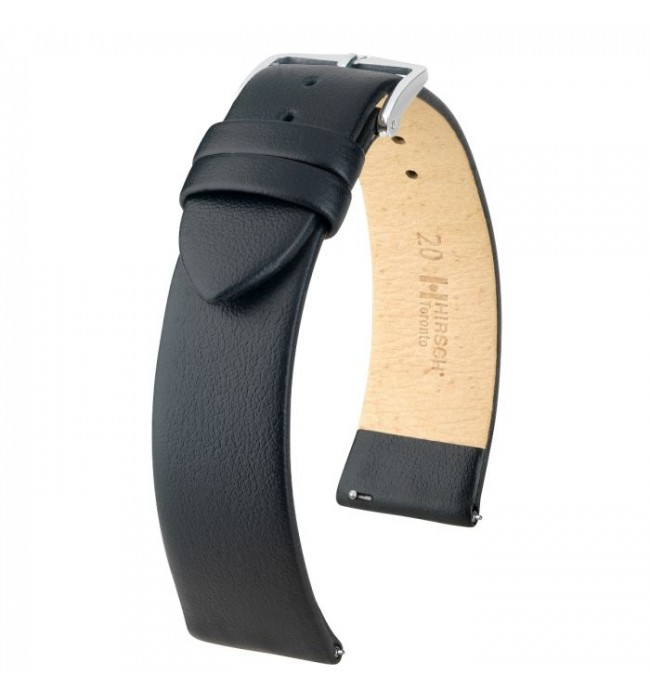 Hirsch Toronto L black calf leather watch strap 18 mm, Silver buckle, Ref. 03702050-2-18