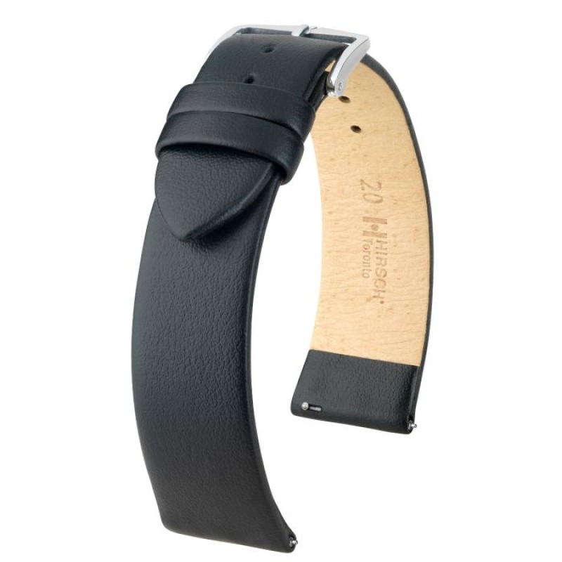 Hirsch Toronto L черна каишка за часовник от телешка кожа 18 мм, сребърна катарама, Ref. 03702050-2-18 Hirsch Toronto L черна каишка за часовник от телешка кожа 18 мм, сребърна катарама, Ref. 03702050-2-18