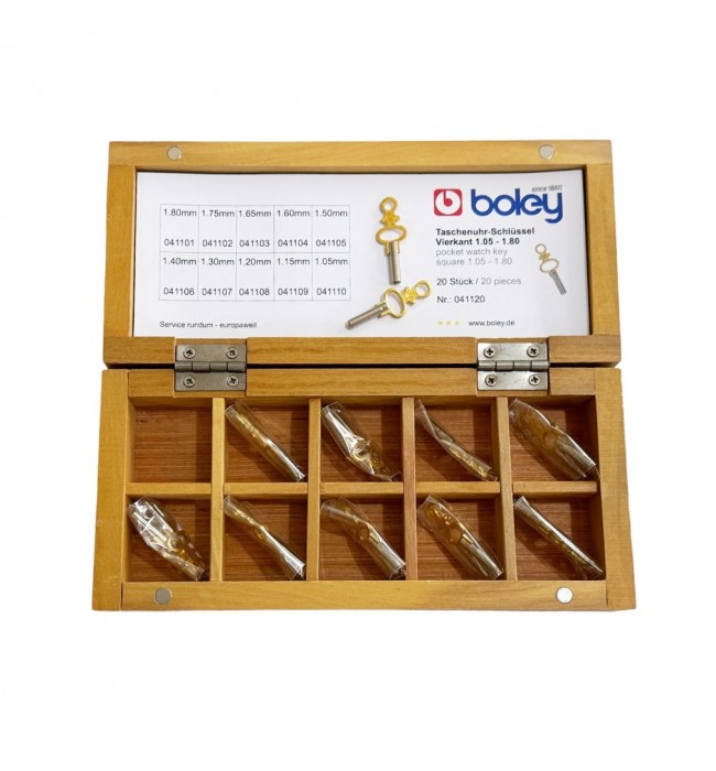 Set of 20 pocket-watch keys nickel-plated steel shaft and stamper brass handle