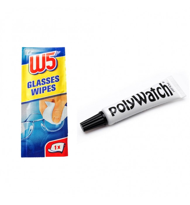 Polywatch polish plastic/acrylic watch glasses repair 5ml with W5 wipe cleaner