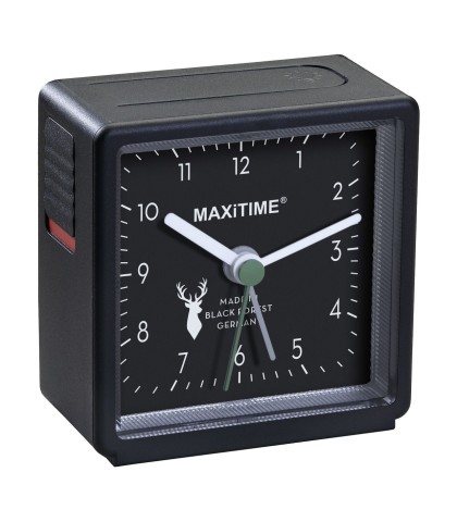 Maxitime Black Forest quartz alarm clock with light and snooze button, housing white, dial black