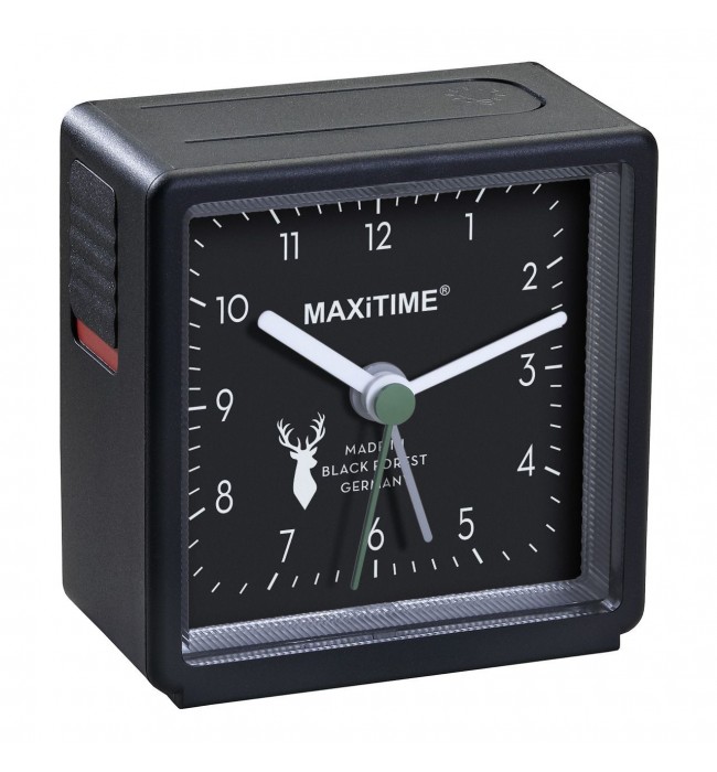Maxitime Black Forest quartz alarm clock with light and snooze button, housing white, dial black