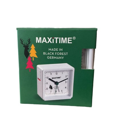 Maxitime Black Forest quartz alarm clock with light and snooze button, housing white, dial black