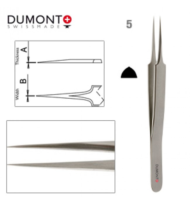 Dumont Tweezers, Carbon Steel, Form 5, Very Fine Points, 110 mm