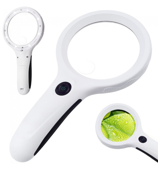 Reading Magnifier, 4x Magnification, 8 LED + UV Light, 60 mm Lens, White, Ref. 09064