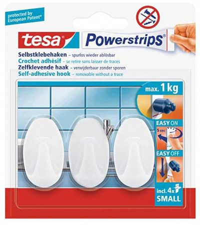 tesa Powerstrips Hooks Small OVAL - Removable Self-Adhesive Wall Hook for Glass