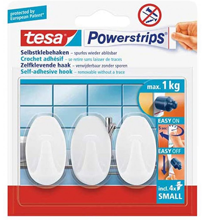 tesa Powerstrips Hooks Small OVAL - Removable Self-Adhesive Wall Hook for Glass
