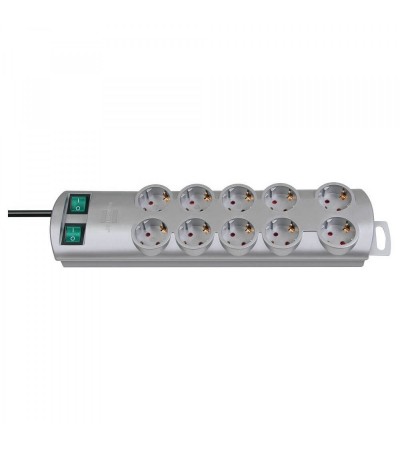 Brennenstuhl Primera-Line, 10 Way Power Strip with 2 Switches for 5 Sockets and 2 m Cable Silver