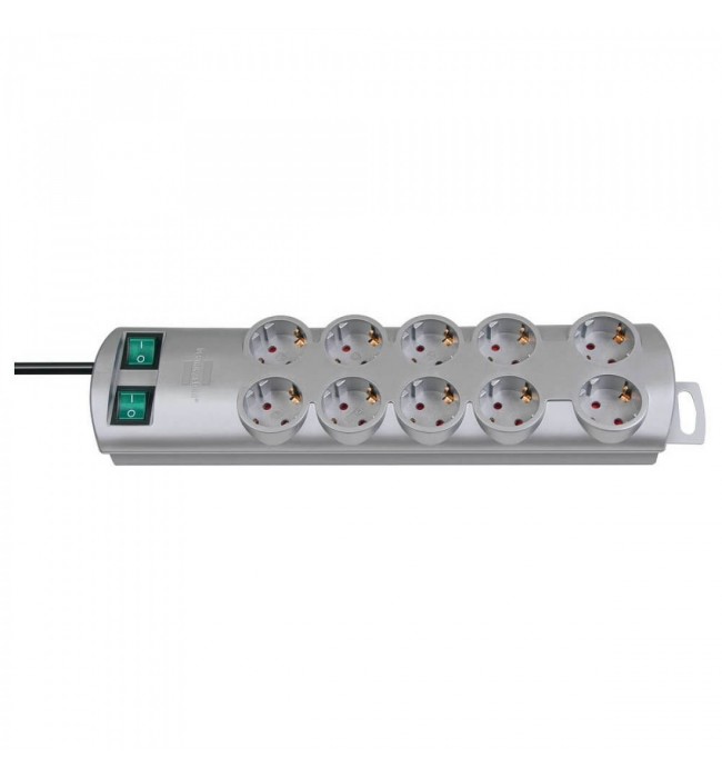 Brennenstuhl Primera-Line, 10 Way Power Strip with 2 Switches for 5 Sockets and 2 m Cable Silver