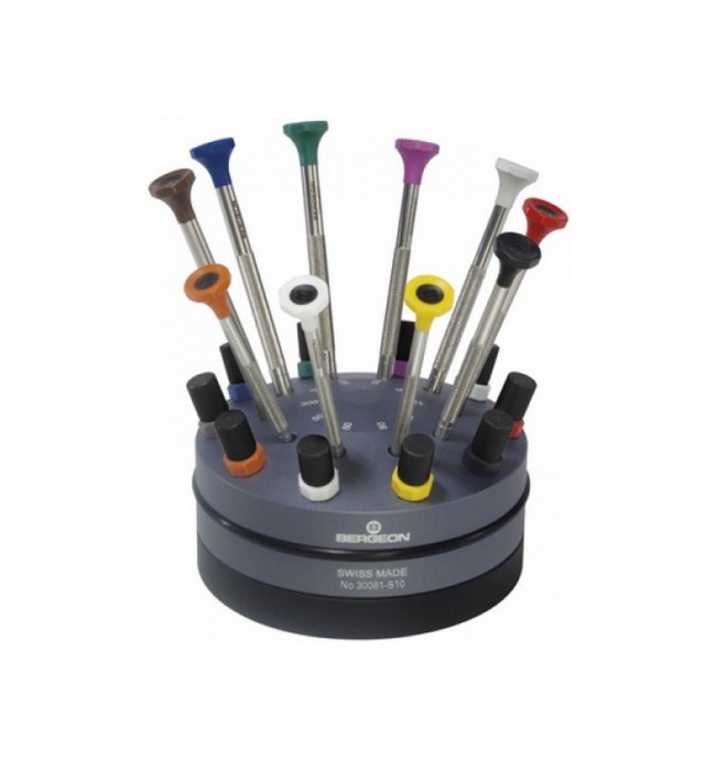 Bergeon 30081-S10 set of 10 screwdrivers on a rotating base from 0.50 to 3.00mm