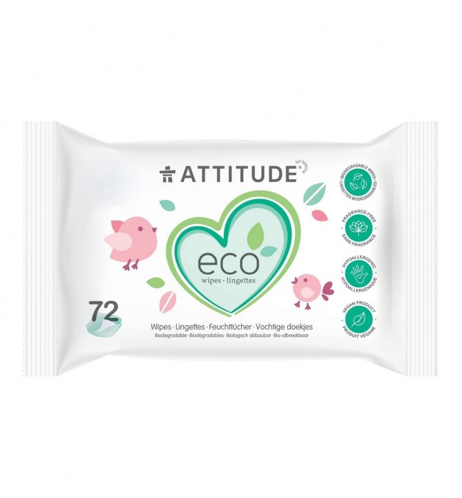 ATTITUDE Baby Leaves 100% Biodegradable Baby Wipes, Unscented, 72 Pcs