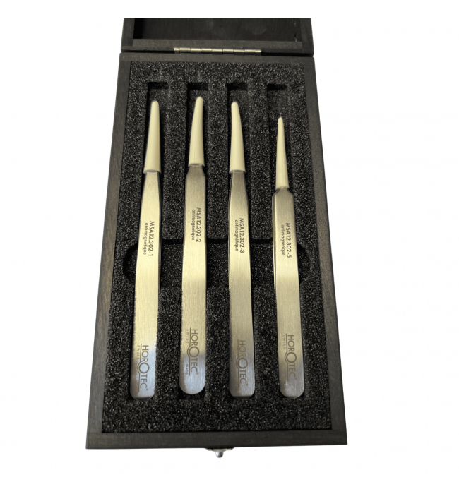 Horotec MSA12.388 Antimagnetic Tweezers Set No.1 2 3 5 904L Steel Wooden Box