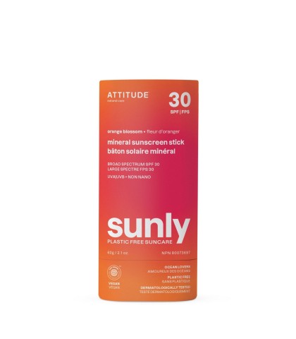 Минерален слънцезащитен стик SPF 30 – Портокалов цвят, без пластмаса, Sunly, ATTITUDE