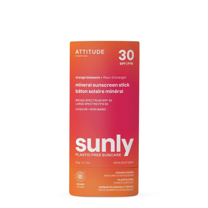 Plastic-Free Mineral Sunscreen Stick SPF 30 – Orange Blossom, Sunly, ATTITUDE Plastic-Free Mineral Sunscreen Stick SPF 30 – Orange Blossom, Sunly, ATTITUDE