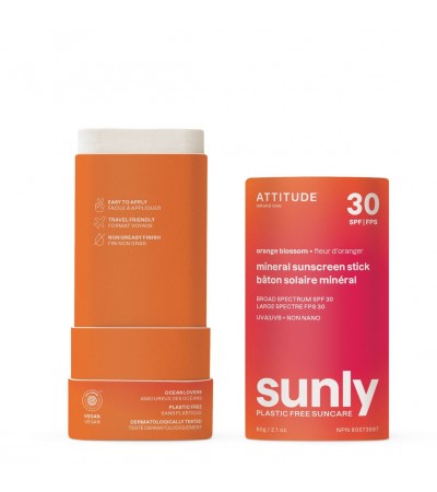 Plastic-Free Mineral Sunscreen Stick SPF 30 – Orange Blossom, Sunly, ATTITUDE