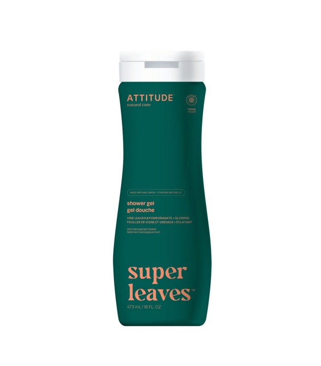 Glowing Shower Gel, Vine Leaves and Pomegranate, Super leaves, ATTITUDE