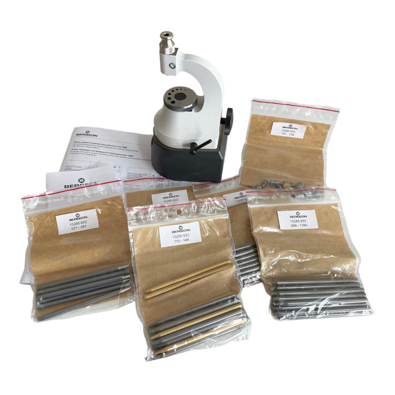 Bergeon 15285-93C staking tool and friction jeweling outfit, with 120 punches and 24 stakes in wooden box Bergeon 15285-93C staking tool and friction jeweling outfit, with 120 punches and 24 stakes in wooden box