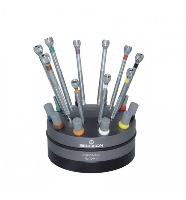 Bergeon 3044-A chrome screwdrivers on a rotating base 10 pieces with spare blades