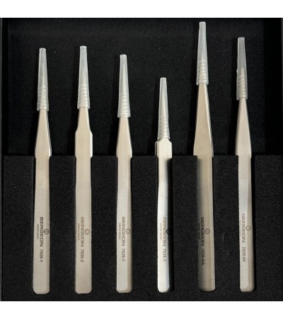 Bergeon 7026-AC6 set of 6 steel precision antimagnetic tweezers in box