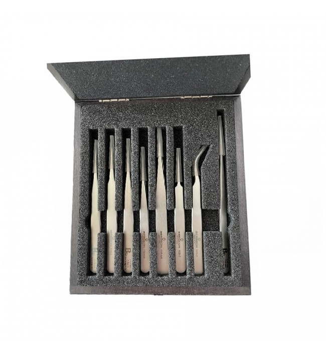 Bergeon 7026 set of 8 antimagnetic tweezers in wooden box