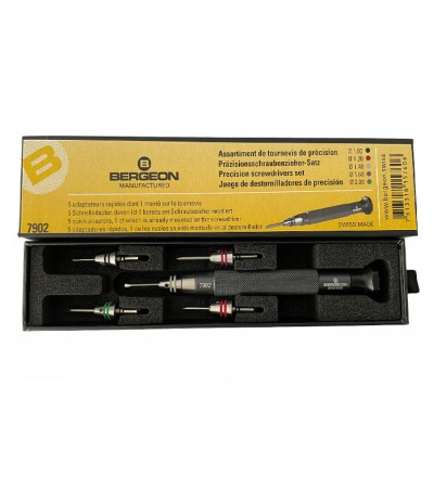 Bergeon 7902 precision screwdrivers with 5 quick adapters