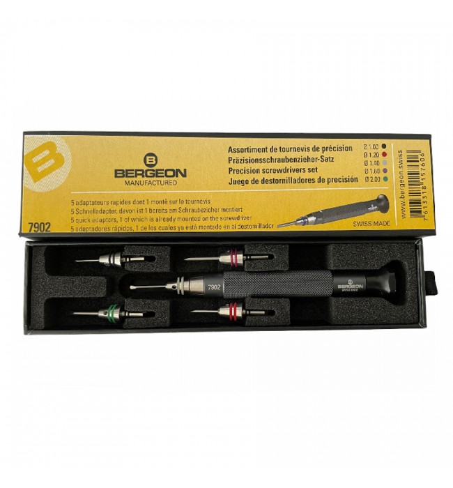 Bergeon 7902 precision screwdrivers with 5 quick adapters