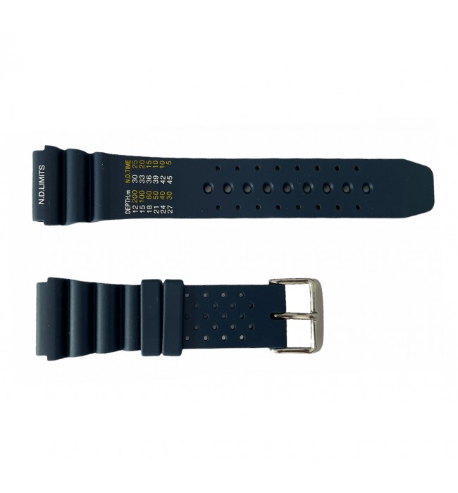 Blue rubber diver watch strap with decompression table and stainless steel buckle 20 mm, 22 mm