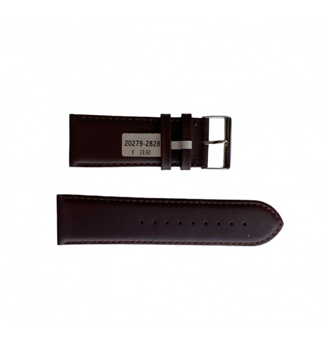 Brown leather smooth strap with stitch for watch 28mm