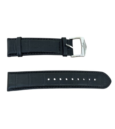 Bulova black leather watch strap with steel buckle, 22mm