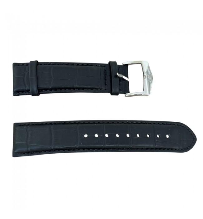 Bulova black leather watch strap with steel buckle, 22mm